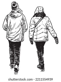 Hand drawing of couple teens friends walking together outdoors