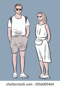 Hand drawing of couple young citizens standing outdoors on summer day