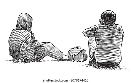 Hand drawing couple young people sitting park lawn   talking