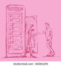 hand drawing with couples talking on a public telephone 