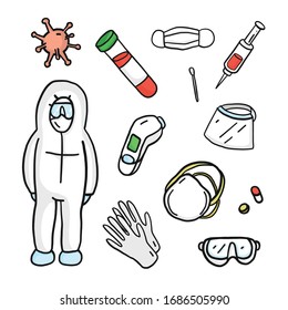 Hand drawing Covid-19 items. Coronavirus doodles.