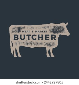 Hand drawing of Cow meat in retro engraving style. Butcher in graphic vintage style. Vector logo template.