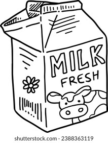 Hand Drawing Cow Milk Carton Box Black And White - Cartoon Vector Illustration Isolated In White Background
