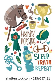 Hand drawing cozy Vector Set of Hobbyhorsing stuff. Horse on stick, cup, hobbyhorse lettering and other use for poster, card, flyers, stickers, rewards, invitation, competition, design
