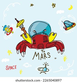 dibujo a mano estrellas de cangrejo fondo Espacio exterior ilustración Cute animales astronautas en cascos, creativos diseños de vivero perfectos para niños habitación, tela, envoltura, papel pintado 