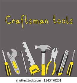 hand drawing craftsman tools with gray background, hammer ,hacksaw,nail, screwdriver ,pliers