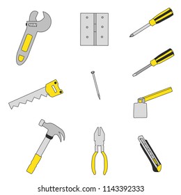 
hand drawing craftsman tools , Hammer ,hacksaw,Nail, Screwdriver ,Pliers