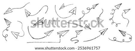 Hand drawing crayon paper airplanes set. Vector stock illustration isolated on white background for design template business or education presentation, information banner, advertising sign. EPS10