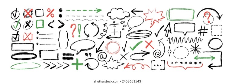 Hand drawing crayon texture design elements. Chalk pencil sketch set of arrow, speech bubble, underline, hash tag, punctuation marks. Vector doodle charcoal crosses, lines, checkmarks, dialogue boxes.