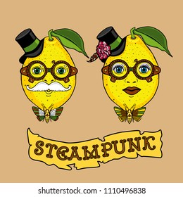 Hand drawing creative design with mister and miss Lemon in the steampunk style. It can be used for interior design and twin shirts. Cartoon retro lemon for label, illustration and posters