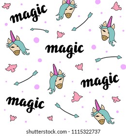 Hand drawing Creative typographic poster with unicorn. I just do believe in magic vector illustration. Hipster style lettering quote. T-shirt, label, greeting cards, poster, mugs, apparel design. 