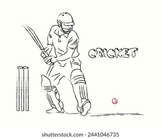 Hand drawing of a cricket player with the red ball on it playing boundary drive in field or pitch. line drawing bat bowl