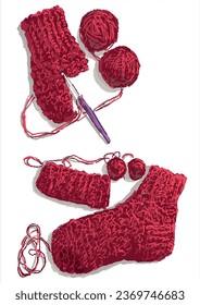 Hand drawing of crocheted red woolen socks