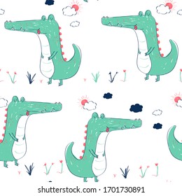 Hand drawing crocodile seamless pattern vector illustration.