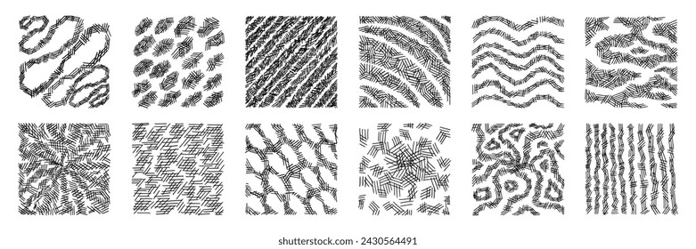 Hand drawing crosshatch texture graphic. Set of black hatching pattern with dot, stripe, lattice and organic texture. Vector illustration isolated on white background.
