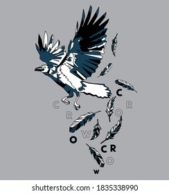 hand drawing crow illustration.Modernized t shirt graphic design.