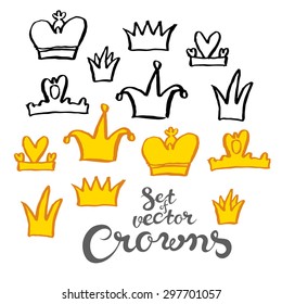 Hand drawing crowns set in naive style - vector illustration with exclusive hand written vector lettering