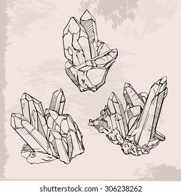 Hand drawing crystals set. Crystal gems sketch illustration