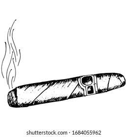 Hand drawing Cuban cigar with smoke on white background. Sketch cigarettes for label, cover, logo, and banner. Association with rest, vacation, summer, alcohol. For print, labels, covers and logo.