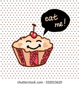 Hand drawing cupcake with cherry, eat me, vector illustration 