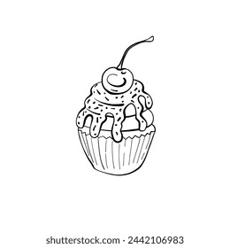 Hand drawing cupcake in doodle technique, isolated on a white background