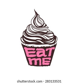 Hand drawing cupcake with text, eat me, vector illustration isolated on white background