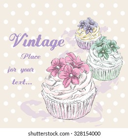 Hand drawing cupcakes. Desserts in vintage style. Vector.