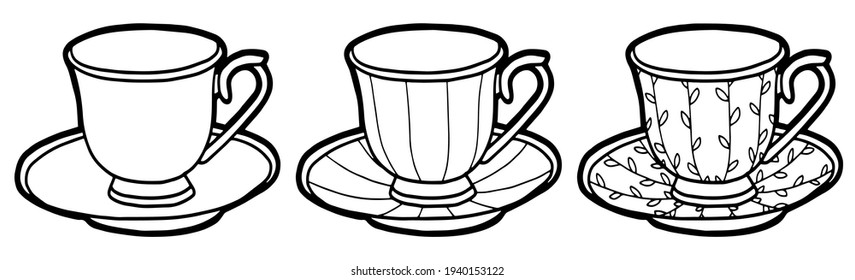 Hand Drawing Cups Saucers Black Outline Stock Vector (Royalty Free ...
