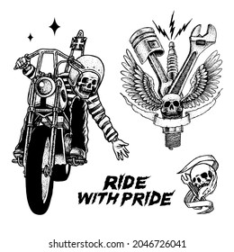 Hand drawing custom motorcycle piston ride with pride