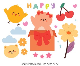 hand drawing cute animals and cute stuff sticker set. cute set of kawaii sticker, doodle