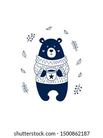 Hand drawing cute bear in Scandinavian style. Monochrome children illustration for greeting card, invitation, poster. Cartoon animal, autumn leaves, drink. Vector illustration on a white background.