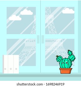 Hand drawing cute cactus and background landmark. Illustration vector. Fun Character. Bright color