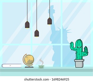 Hand drawing cute cactus and background landmark. Illustration vector. Fun Character. Bright color