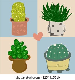 hand drawing cute cactus with blue and cream background