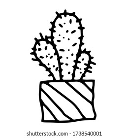 Hand drawing cute cactus, houseplant. Simple logo, minimal flower picture. For greeting cards,children coloring book and seasonal design. Stock Doodle vector illustration isolated on white background.