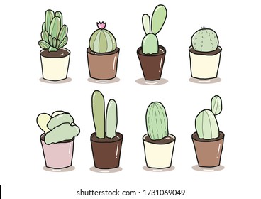 Dibujo manual de cactus lindos en olla pequeña