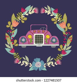Hand drawing cute car with a lot floral elements and patterns in the folk style inside a circular wreath. A great idea for a print, template for the design of children's themes. Vector illustration