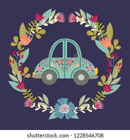 Hand drawing cute car with a floral elements and patterns in the folk style inside a circular wreath. A great idea for a print, template for the design of children's themes. Vector