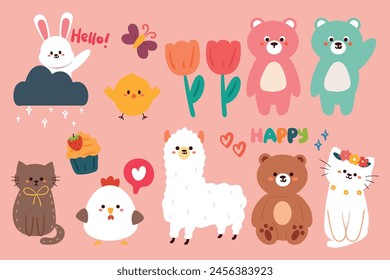hand drawing cute cartoon animals sticker set