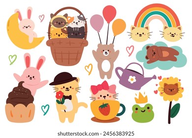 hand drawing cute cartoon animals sticker set