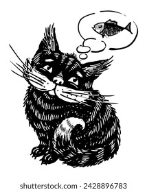 Handzeichnung von niedlichen Cartoon schwarze Katze träumen über Fisch, schwarz-weiße Vektor-Illustration isoliert auf weiß