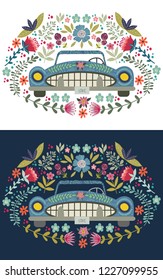 Hand drawing cute cartoon car with a floral elements and patterns. Doodle flat, vector illustration for design and print.