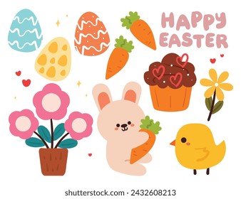 hand drawing cute cartoon easter element sticker set. easter doodle sticker