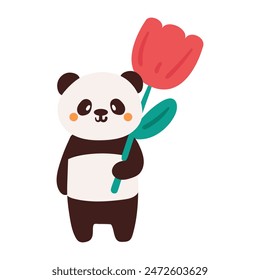 dibujo a mano lindo dibujo de dibujos animados panda con gran flor de tulipán. lindo dibujo animal etiqueta, garabato