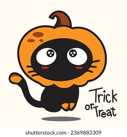 Hand drawing cute character. Black cat with pumpkin head. Happy halloween trick or treat. Graphic for background, backdrop, wallpaper, decor, template, fabric. Vector illustration seamless pattern.