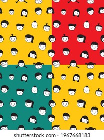 Hand drawing cute character different face of people with multicolor background seamless pattern concept for fabric, wrapping paper