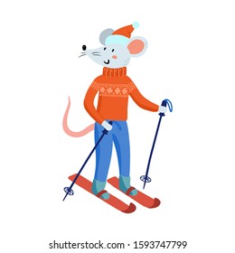 Hand drawing cute Christmas mice in cozy clothes. vector illustration with funny xmas mouse for New 2020 Year. Symbol the Chinese calendar. Winter holidays games, skiing.