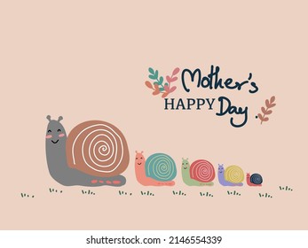 Hand drawing cute colorful mother snail and baby snail walking on the glasses for decoration,card,T-shirt,print,book,fabric,mother's day concept.