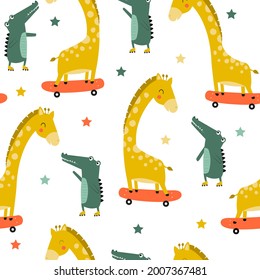 Hand drawing cute crocodile and giraffe seamless pattern vector illustration for the t-shirt design. Vector illustration design for fashion fabrics, textile graphics, prints.