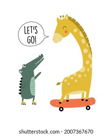 Hand drawing cute crocodile and giraffe vector illustration for the t-shirt design. Vector illustration design for fashion fabrics, textile graphics, prints.